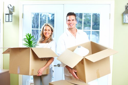 Moving team handling boxes near period flats in Tufnell Park